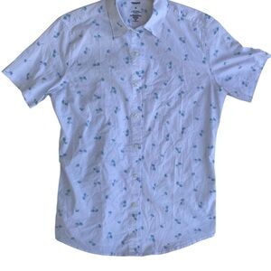 Sonoma White Short-Sleeve Button-Down Shirt with Teal Palm Motif